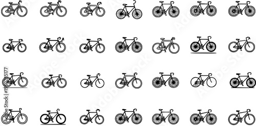 Detailed Set of Bicycle Icons: Variety of Simple Black and White Bike Symbols for Sports, Transportation, and Cycling Enthusiasts