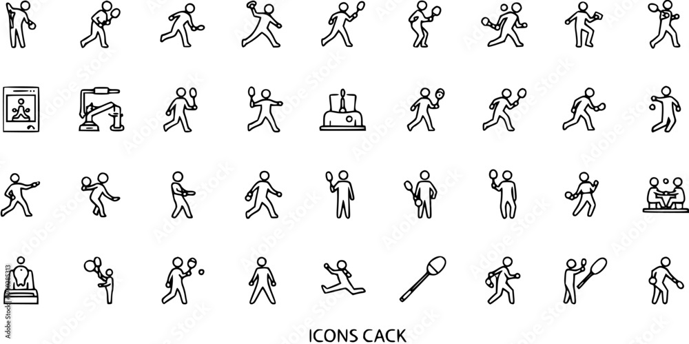 Fototapeta premium Tennis Icons: Dynamic Action Poses of Athletes Playing Table Tennis and Badminton in Outline Style