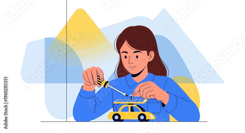 Innovative Young Engineer Assembling Solar Powered Toy Car Project