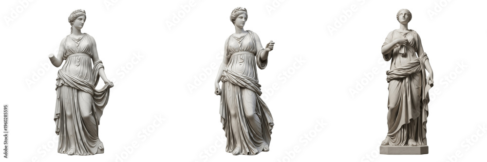 Fototapeta premium Collection of Full-Body Classical Marble Statues, Greco-Roman Goddesses and Veiled Women in Draped Robes, Hellenistic Art Museum Replicas, Isolated On White.