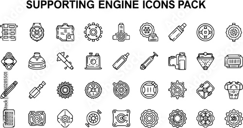 Supporting Engine Icons Pack: Outline Vector Set of Car Parts, Auto Components, and Mechanical Elements for Maintenance and Repair