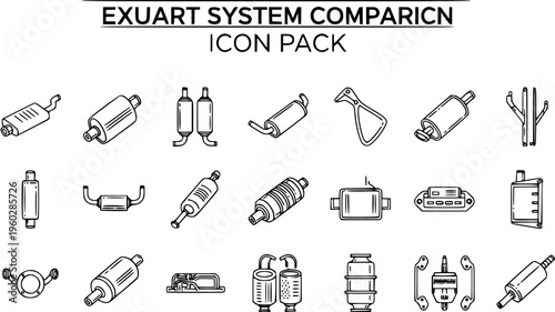 Automotive Exhaust System Icon Pack: Hand-Drawn Outline Doodles of Car Mufflers, Resonators, and Pipes for Vehicle Repair  Parts