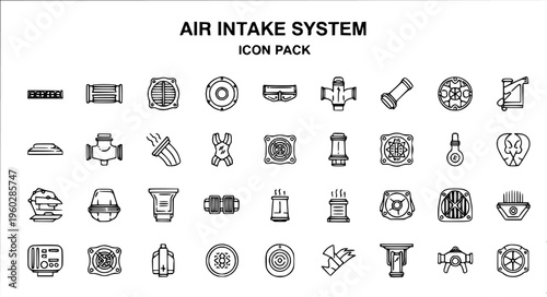 Air Intake System Line Icons Pack. HVAC, Ventilation, Engine Components, Filters, Ducts, Fans, and Related Parts Vector Outline Pictograms Set.