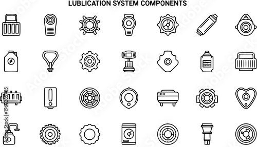 Diverse Lubrication System Components Icons Set - Engineering, Automotive, Industrial Parts