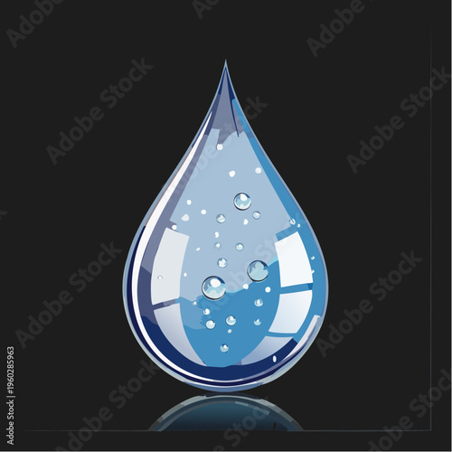 Clean Glossy Blue Water Droplet With Bubbles And Reflection Vector Illustration