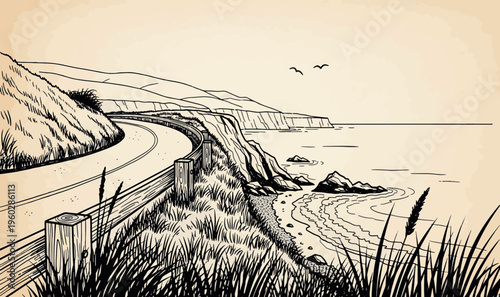 A vintage-style drawing of a winding coastal road hugging the edge of a cliffside overlooking the calm ocean waves with hills in the distance hand-drawn vector illustration art