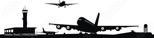 airport silhouette vector, airplane landing and takeoff scene, aviation travel concept, control tower skyline illustration