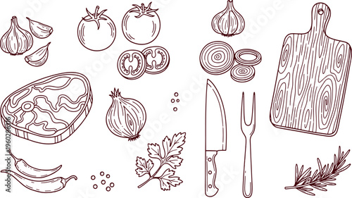 Fresh raw kitchen ingredients and cooking tools featuring beef steak vegetables herbs knife and board hand drawn vector illustration doodle art
