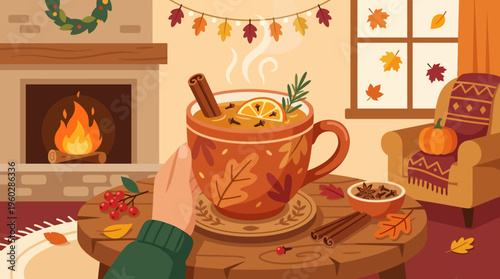 Cozy Autumn Scene with Warm Drink and Fireplace