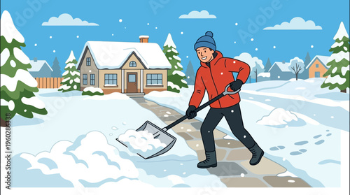 Man Shoveling Snow from a Sidewalk in Winter