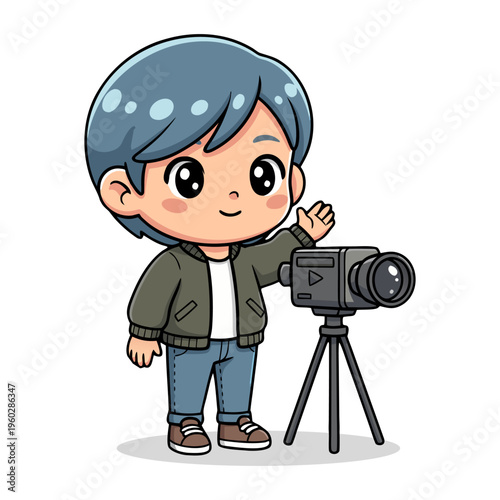 Cute Boy with Camera and Tripod Broadcasting Content