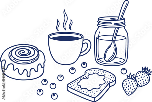 A charming blue line drawing of a breakfast spread including a steaming coffee cup a cinnamon roll jam jar toast blueberries and strawberries hand drawn vector illustration doodle art