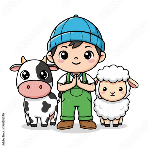 Cute Smiling Young Boy with Cow and Sheep Illustration