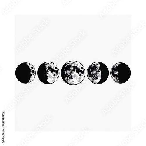 A series of black and white illustrations depicting the phases of the moon