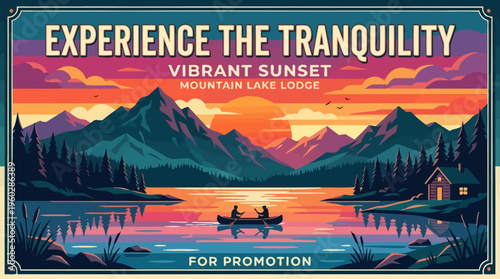 Retro Travel Poster Mountain Lake Sunset with Canoeing