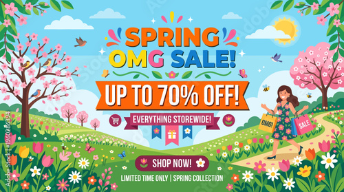 Spring Sale Banner with Up To 70% Off and Floral Landscape