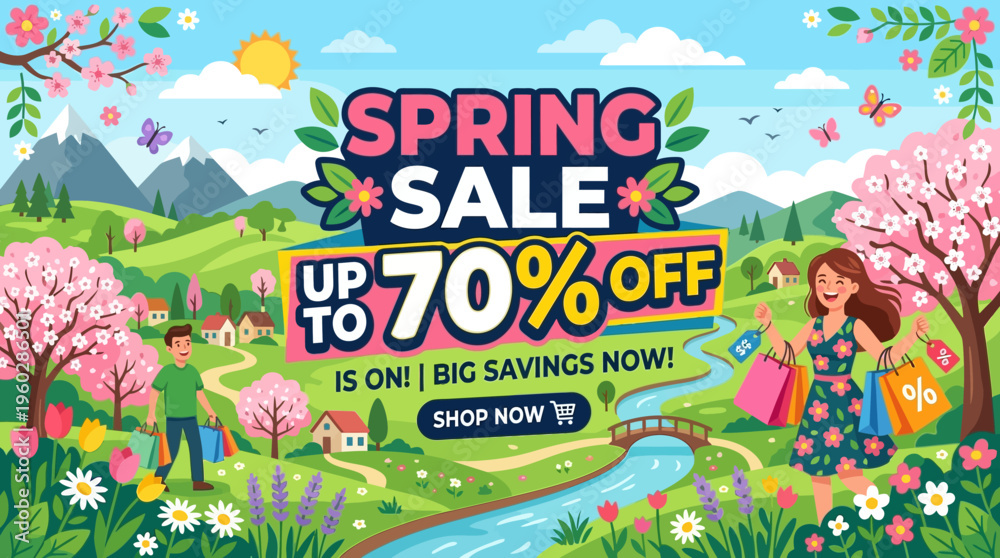 Obraz premium Spring Sale Banner with Up To 70% Off and Happy Customers