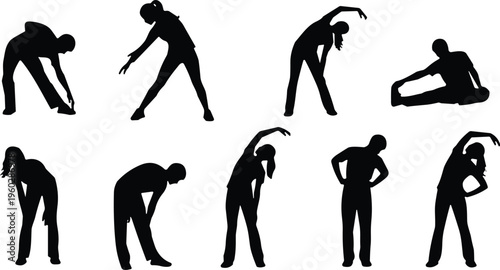 stretching exercise silhouette vector, fitness warm up poses set, healthy lifestyle concept, yoga workout body flexibility illustration