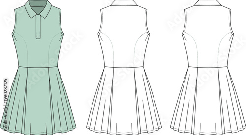 Sleeveless pleated dress with collar flat vector, front and back illustration