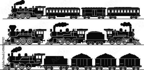Vintage steam locomotive train silhouette collection, classic railway engines and wagons vector illustration isolated black retro transport design set