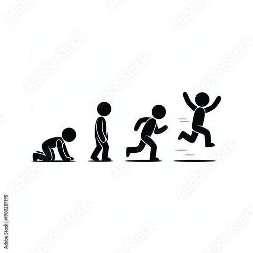 Stick figure evolution depicting stages from crawling to upright running
