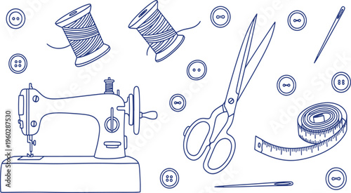 This image features a collection of sewing and tailoring essentials including a vintage sewing machine sharp scissors thread spools measuring tape needles and assorted buttons in a blue line hand-draw
