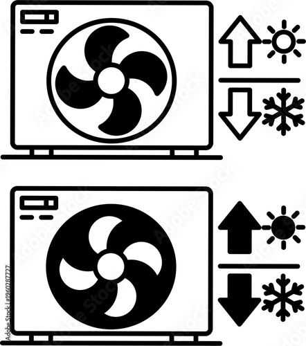 Heat pump icon set. Minimalist air conditioner unit with heating and cooling symbols.