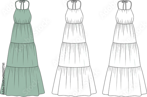 Tiered halter neck maxi dress flat vector, front and back illustration