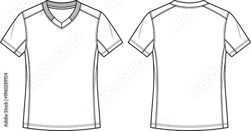 Blank V-neck T-shirt Template Front and Back View for Sports Apparel