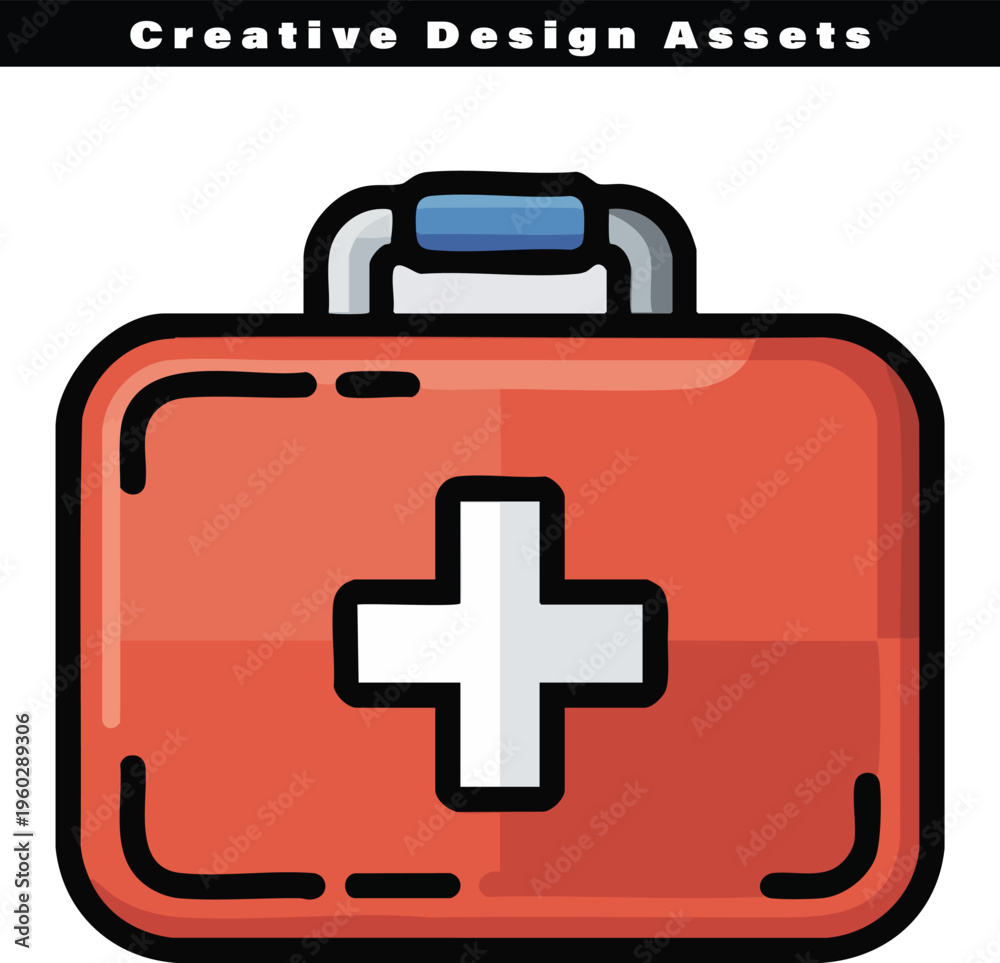 Fototapeta premium A flat vector illustration of a medical first aid kit box with a white cross on a red background