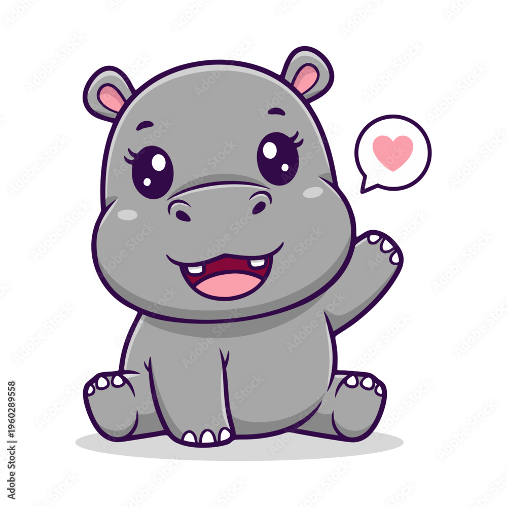 Fototapeta premium Cute Hand Drawn Hippopotamus with Heart Shape Bubble Illustration