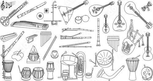 Traditional Musical Instruments Line Art Set Including Flute Sitar Tabla Dhol Pan Flute Bagpipes Lute Mandolin and Folk Orchestra Instruments for Cultural Music Vector Designs
