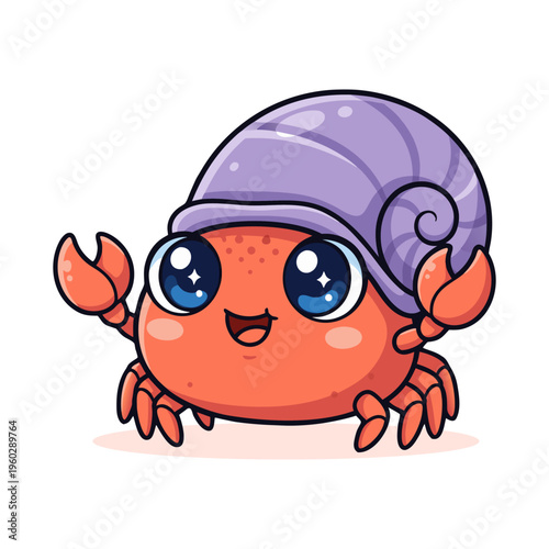 Cute Red Crab Wearing Snail Shell on Head Illustration