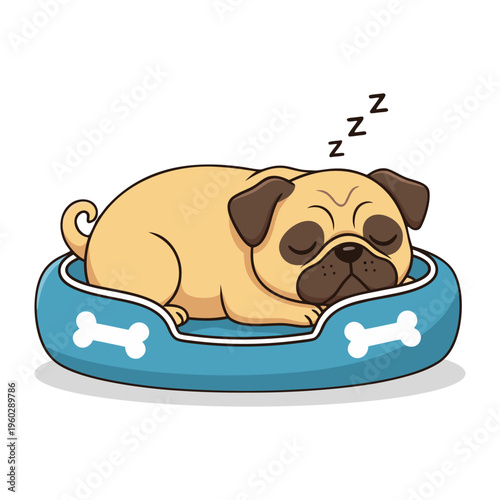 Cute Sleeping Pug on Bed Illustration Isolated on White Background