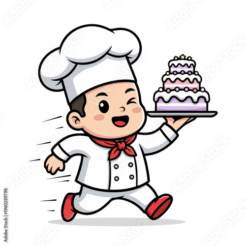Cute Running Chef Boy Holding a Delicious Cake Illustration