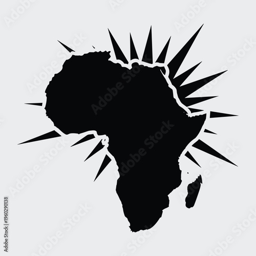 Black silhouette of africa map with sun rays, continent symbol graphic