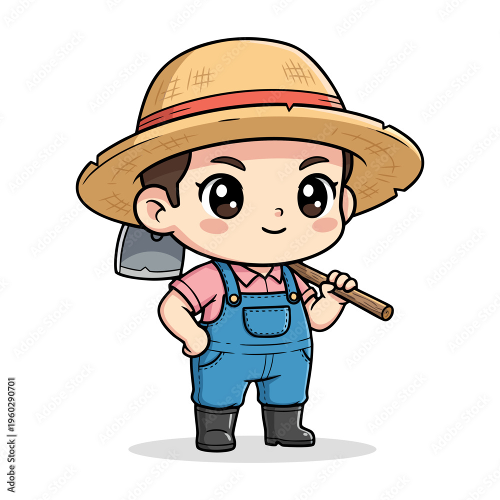 Obraz premium Hand Drawn Cartoon Little Farmer with Hoe Illustration Art