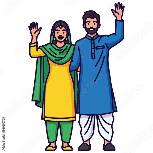 Happy indian couple waving hands in traditional cultural ethnic clothing