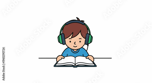 Cute cartoon boy wearing headphones and reading an open book, enjoying audiobooks or music while studying