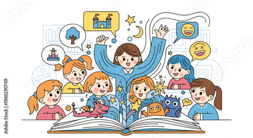 Children listening to a storyteller reading a magical book, imaginative fantasy world with castle, stars, moon, and friendly monsters.