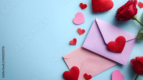 Romantic Valentines Day Envelopes and Roses on Blue Background.