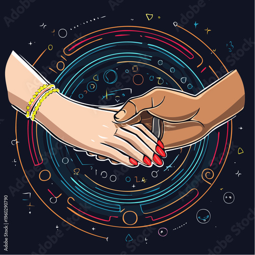 Diverse Handshake Vector Illustration Symbolizing Partnership and Unity with Dynamic Abstract Geometric Background
