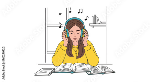 Young woman wearing headphones and listening to music while studying at a desk with books and notes