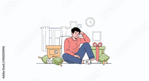 Distressed man sitting on floor surrounded by clutter.