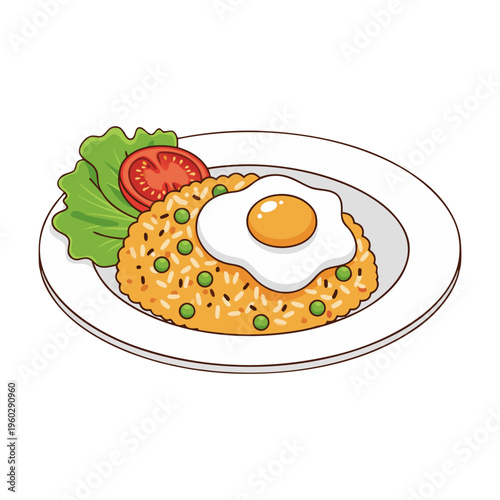 Illustration of Indonesian Fried Rice Nasi Goreng with Sunny Side Up Egg