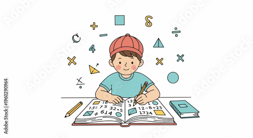 Young boy studying mathematics, doing homework surrounded by various math symbols and geometric shapes, symbolizing education, learning, and problem-solving.