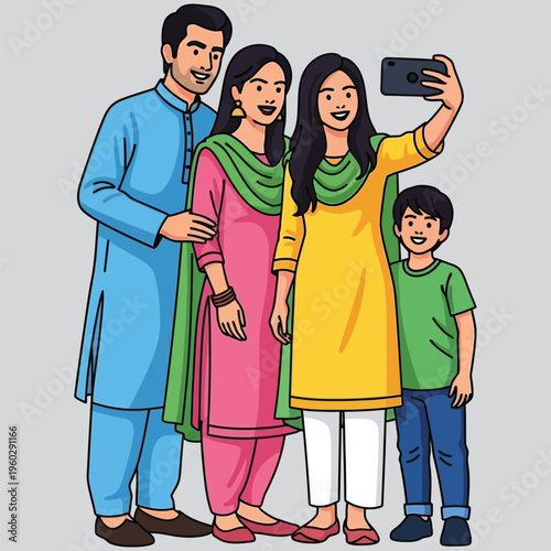 Happy modern family taking selfie photo with smartphone together