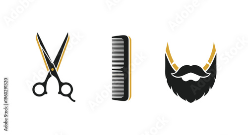 Barber Scissors, Comb, and Beard Icon Set - Men's Grooming and Style