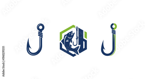Fishing Hook Icon Set with Fish Emblem - Vector Graphics