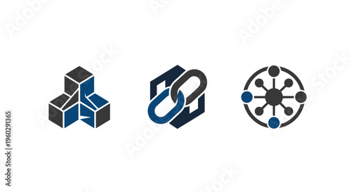 Blockchain Technology Icons: Blocks, Chain Link, Network Node on White Background